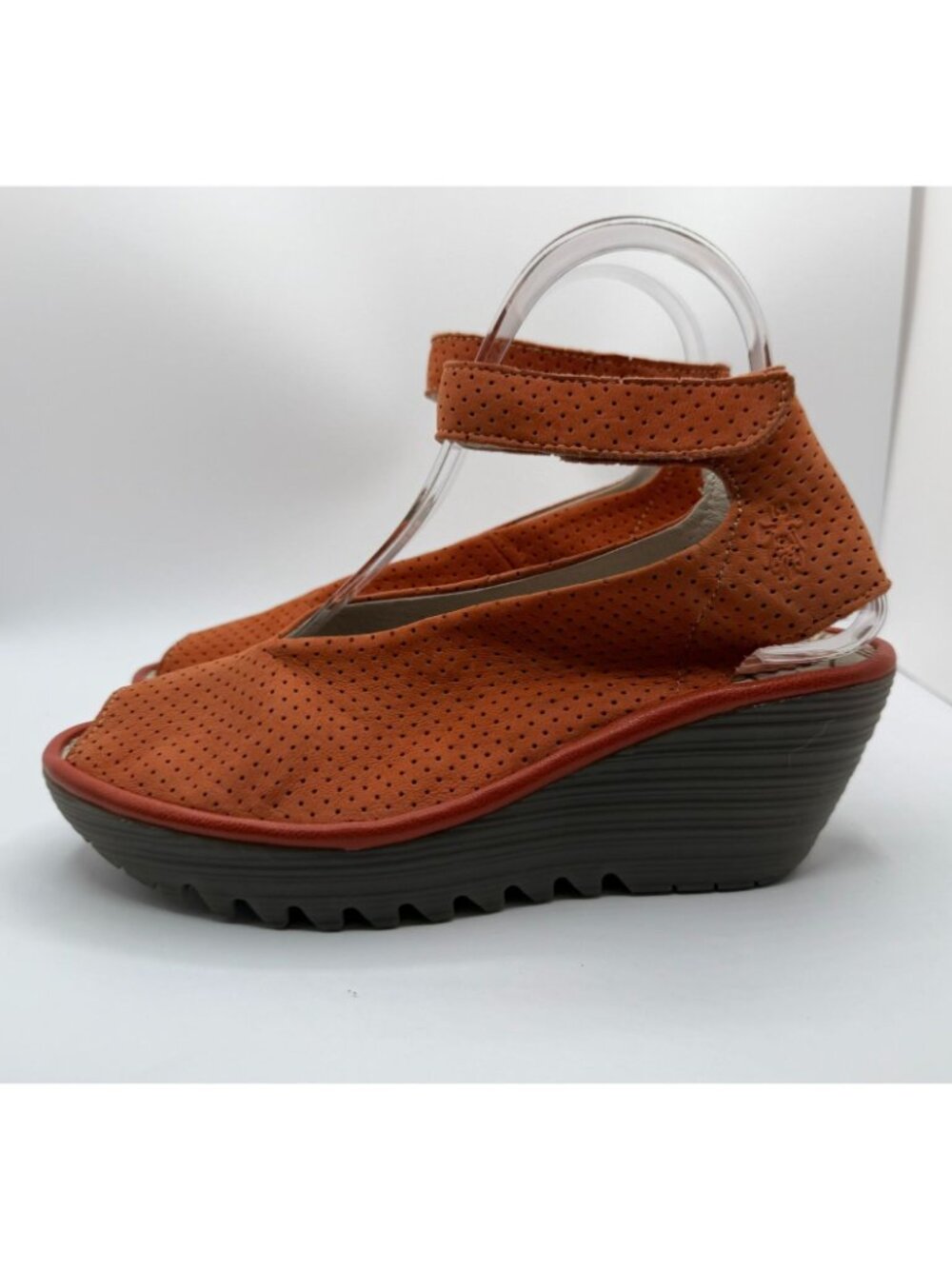 Fly London Yala Wedge Sandal Size EU37/ US6.5 Orange Perforated Leather Shoes - Picture 8 of 13